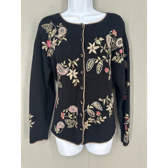 90s Vintage Cardigan Sweater Womens Medium Black Floral Cottagecore Pink Paisley - Picture 1 of 10